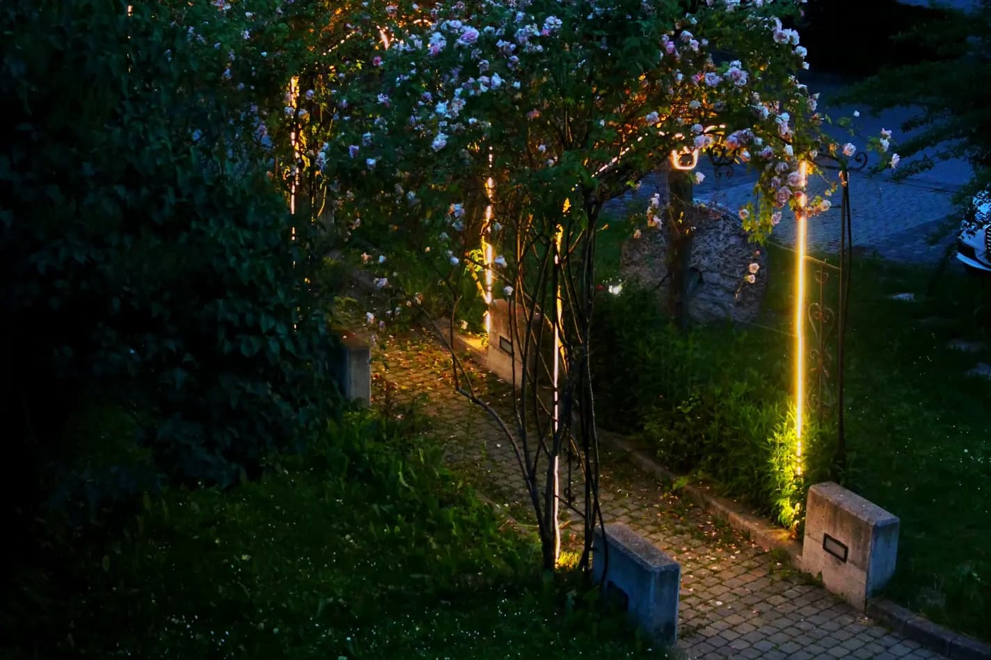 Vista dell'arco di rose dal balcone del Residence, di notte